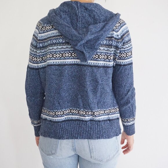 Vintage Jenny Buchanan Blue White Fair Isle Knit Hooded Zip Sweater Cabincore M - Picture 3 of 9